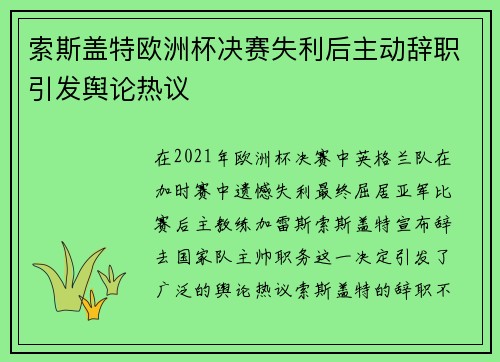 索斯盖特欧洲杯决赛失利后主动辞职引发舆论热议